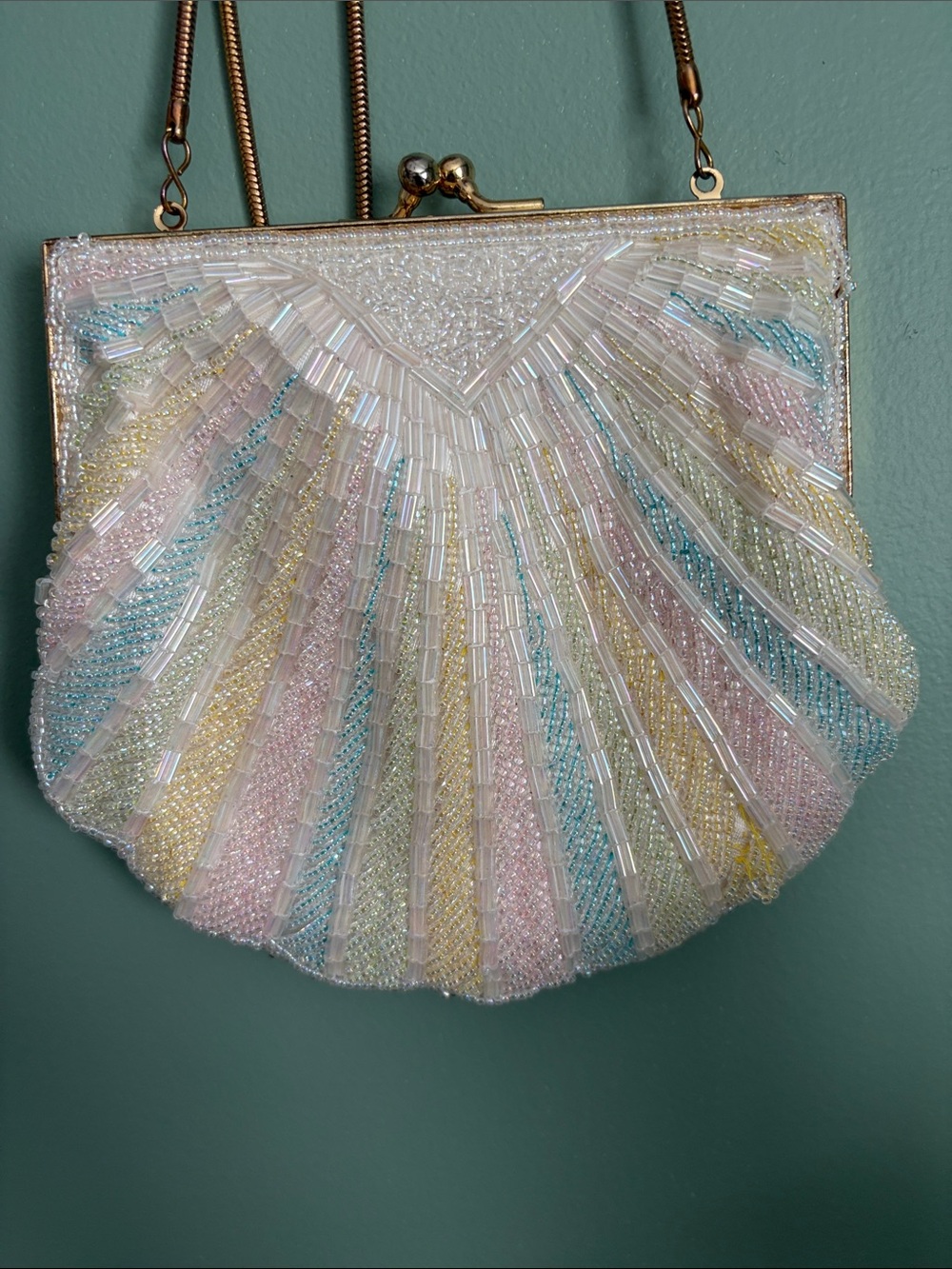 Unbranded Pastel Beaded Shell Bag with Gold Frame